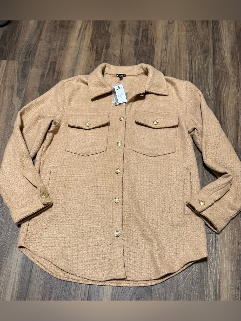 New Express Women’s Tweed Novelty Button Oversized Shacket M NWT Camel